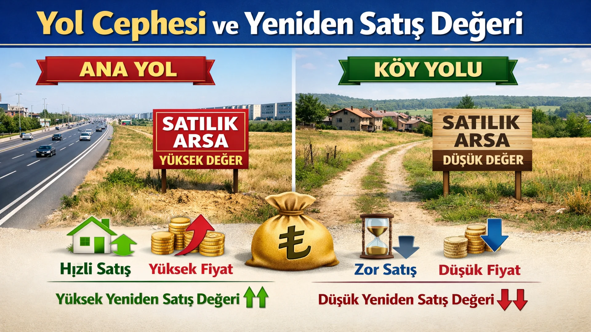Yol Cephesi ve Yeniden Satis Degeri Ana Yol vs Koy Yolu 4 YOL CEPHELİ ARSALAR TARLALAR